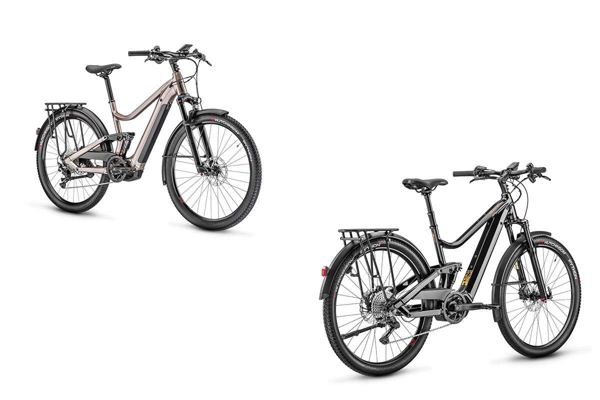 Productshot zweier E-Bikes, links Moustache Samedi 27 Xroad FS 3, rechts Moustache Samedi 27 Xroad FS 6