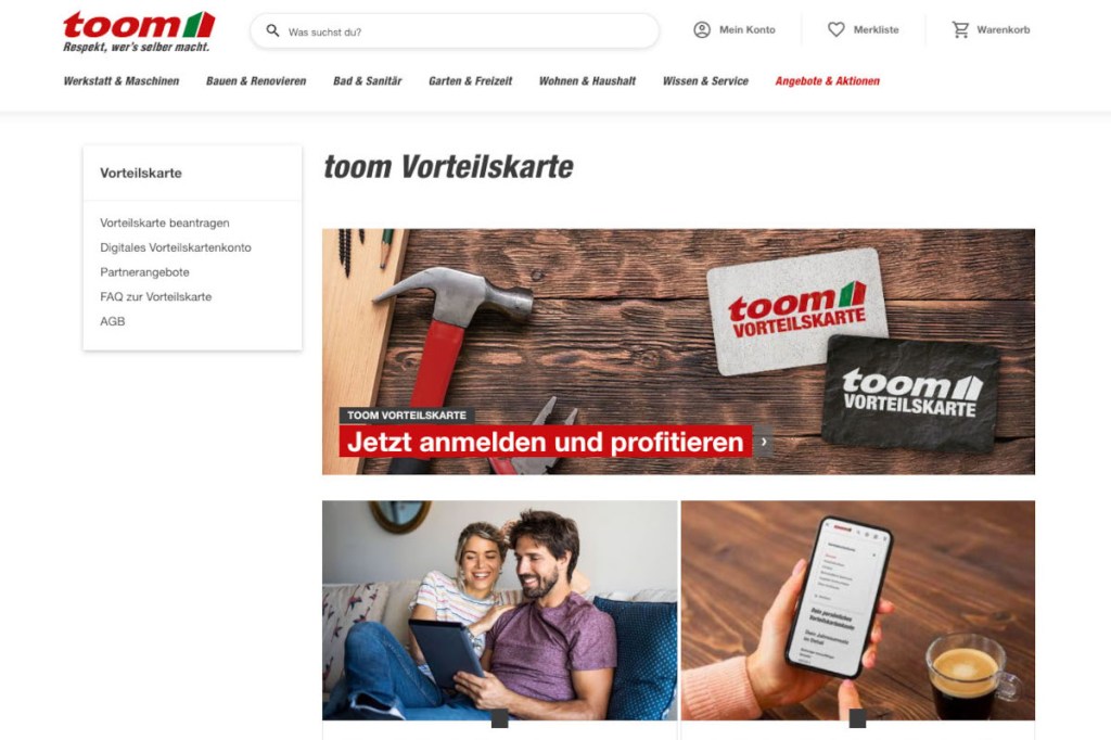 Screenshot Webseite von Toom Baumarkt mit Kundenkarten
