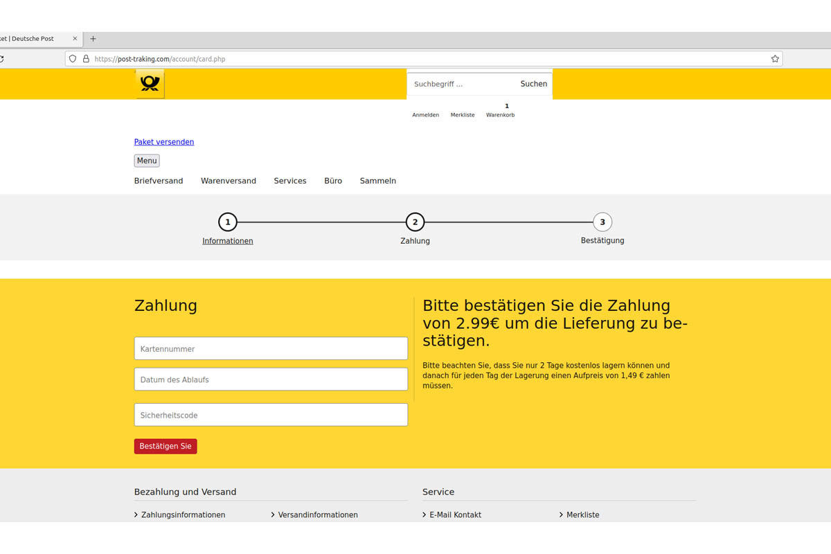 Phishing-Website imitiert DHL-Zahlung
