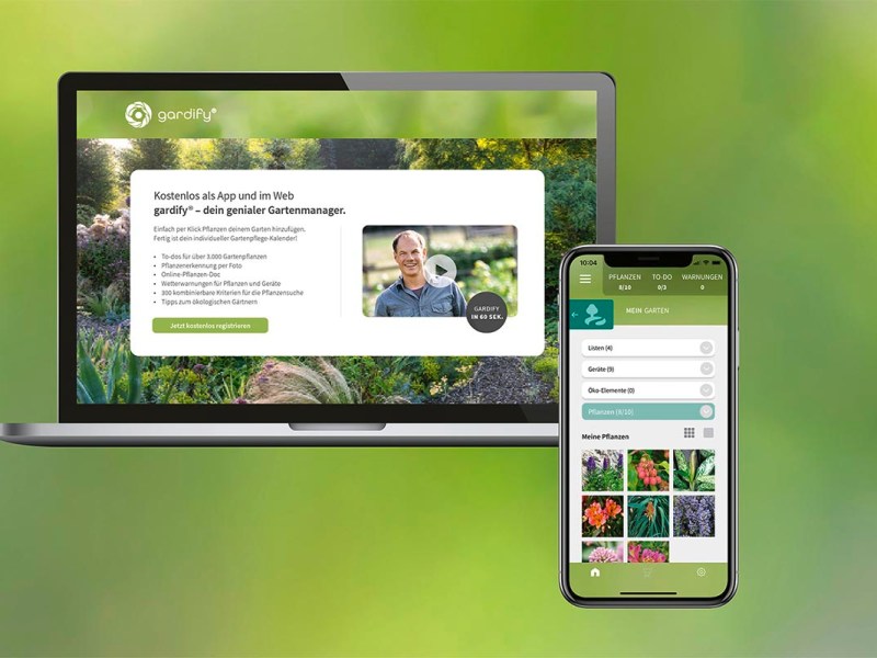 Garten-App gardify, einmal auf links ein Bild der Web-Homepage, rechts ein Blick auf die Smartphone App, der Hintergrund ist grün