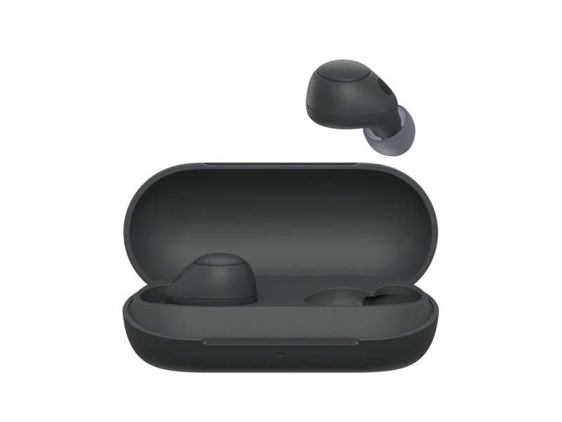 Die neuen Earbuds von Sony in schwarz mit Ladestation