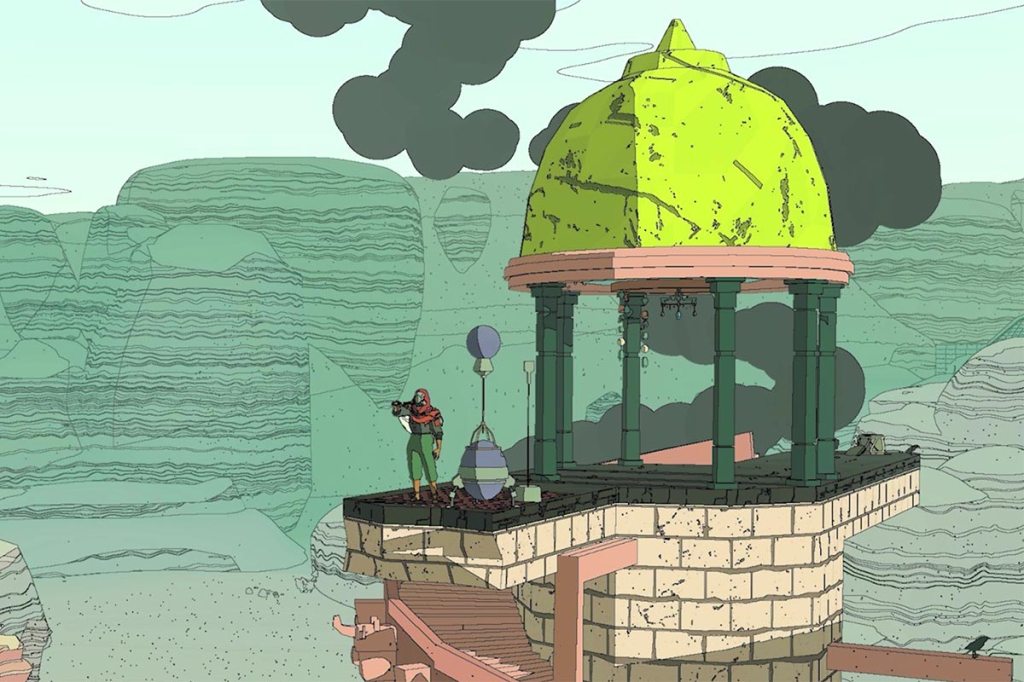 Ein Bild aus dem Videospiel Sable – es ist ein bunter Turm in der Wüste zu sehen.
