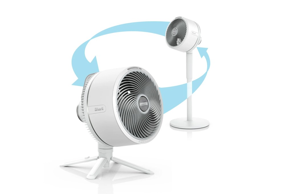 Der Shark FlexBreeze als Tischventilator und Standventilator mit blauen Pfeilen dazwischen.