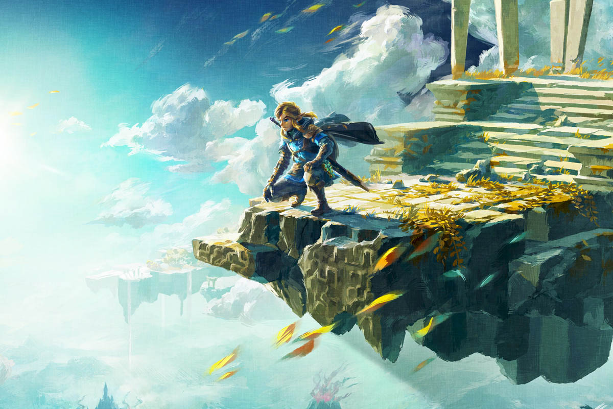 Artwork von Zelda: Tears of the Kingdom. Held Link schaut von einer Himmelsinsel herab.
