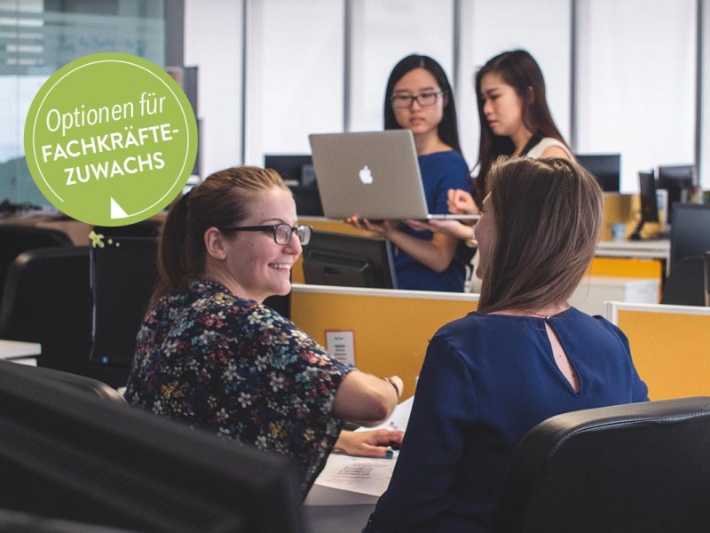 Vier Menschen in einem Büro an Schreibtischen.