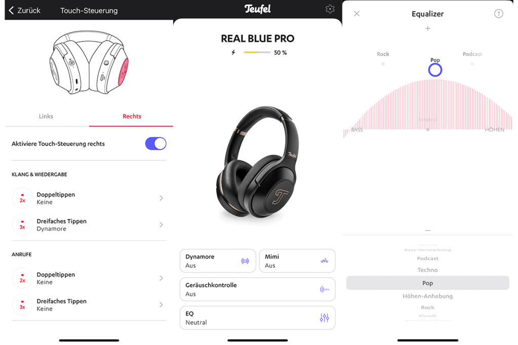 Die App-Bildschirme der Teufel-Kopfhörer App.