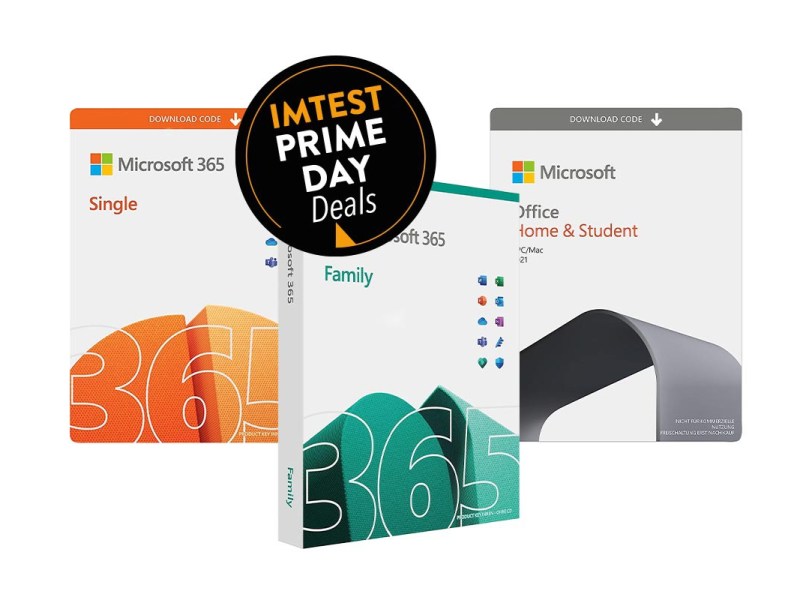 Microsoft Office Produkte auf weißem Hintergrund mit Prime Day Button