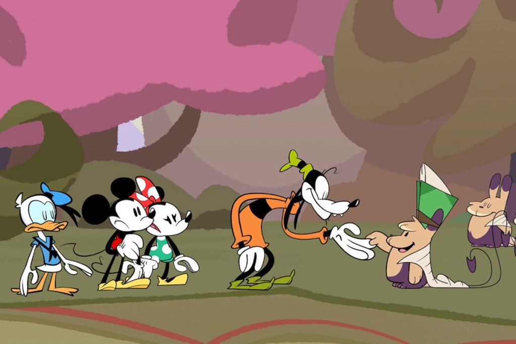 Screenshot zum Videospiel Disney Illusion Island. Man sieht Donald, Micky, Minni und Goofy.