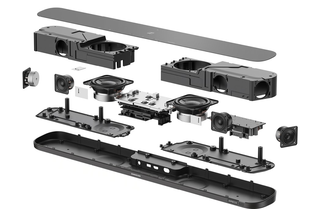 Explosionsdarstellung der AMBEO Soundbar Mini von Sennheiser.