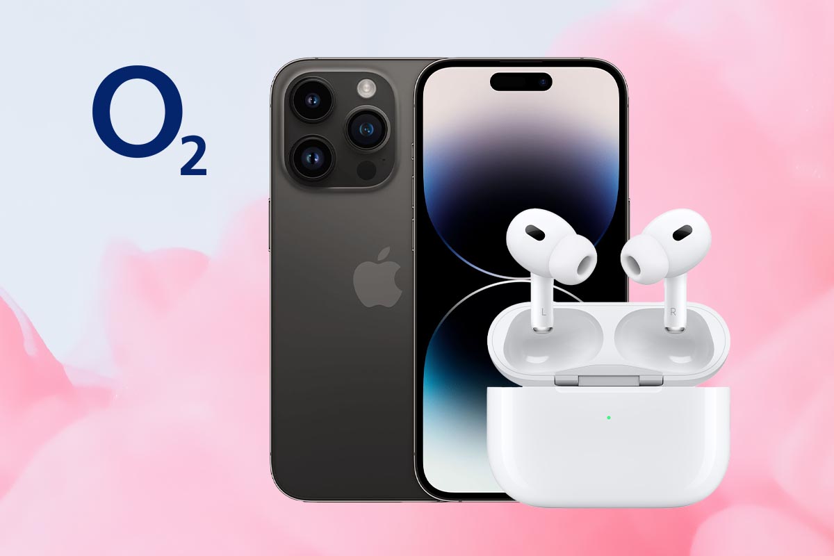 iPhone 14 Pro in schwarz + AirPods Pro vor rosa Hintergrund