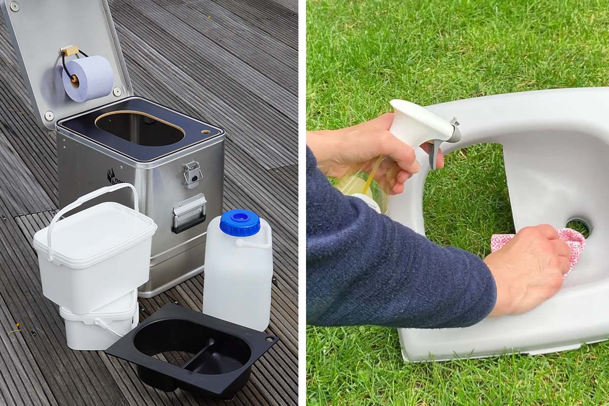 zweigeteiltes Bild: links Trenntoilette mit ihren EInzelelementen auf Holz stehend, rechts Hand wicht mit Lappen über Trenneinsatz von Trenntoilette, der auf einem Rasen liegt