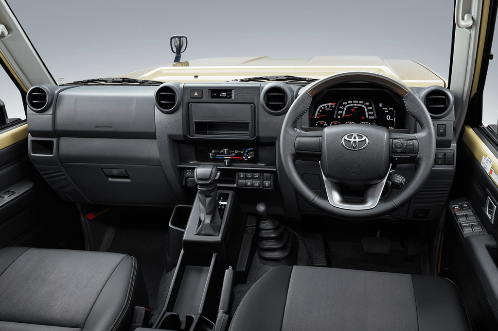 Der Rechtslenker-Innenraum des Toyota Land Cruiser 70 mit Blick auf Lenkrad und Instrumentenbrett.
