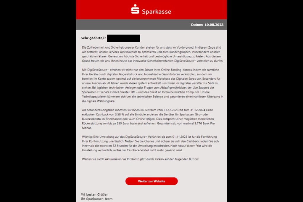 Screenshot Phishing-Mail Sparkasse