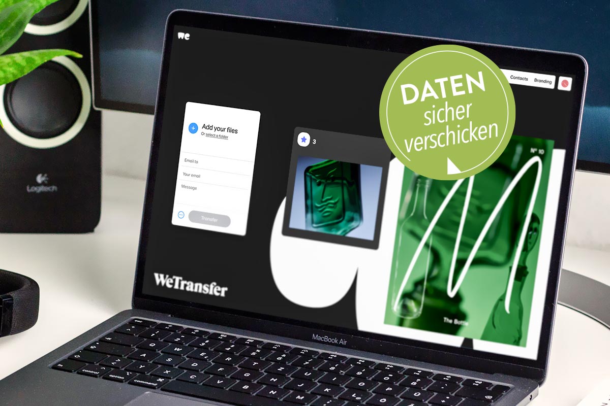 WeTransfer Oberfläche auf einem Laptop.