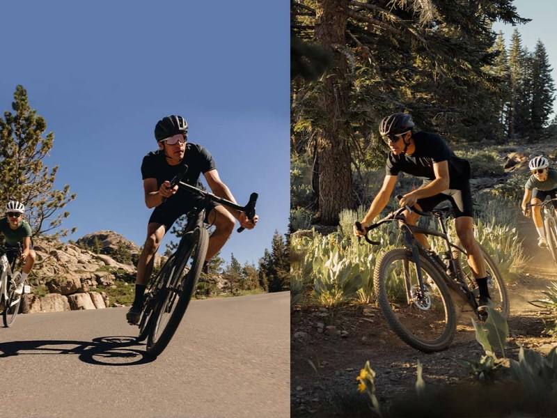 zweigeteiltes bild: links zwei Fahrer mit einem E-Gravelbike auf einer Asphaltstraße, rechts zwei Fahrer mit einem E-Gravelbike auf einem Natur-Trail