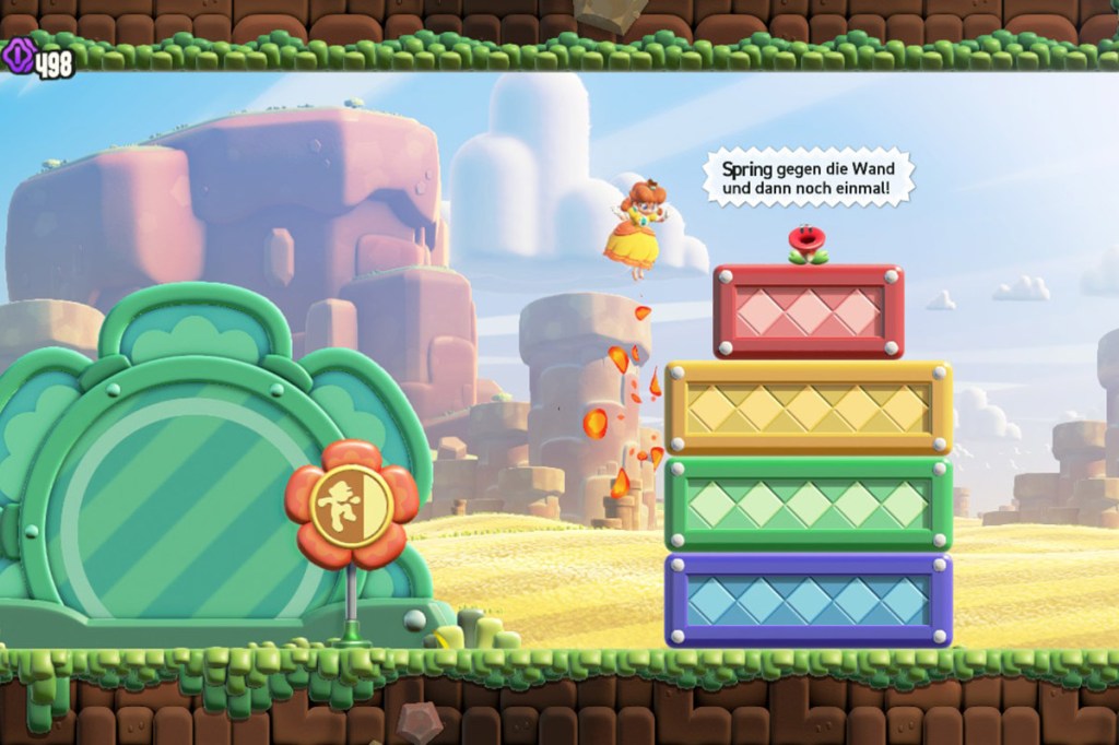 Screenshot aus dem Spiel Super Mario Bros. Wonder. Man sieht den Charakter Daisy bei einer Sprung-Prüfung.