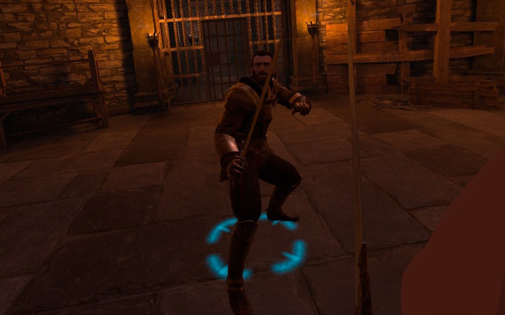 Screenshot aus Assassin's Creed Nexus VR. Der Spieler steht einem Schwertkämpfer in einem Verlies gegenüber