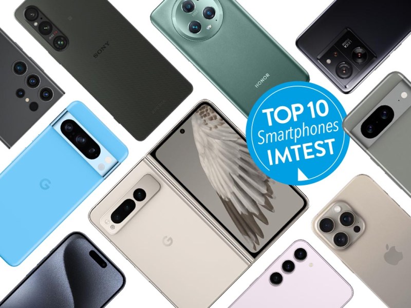 Top 10 Smartphones: Smartphones verschiedener Hersteller auf weißem Grund.