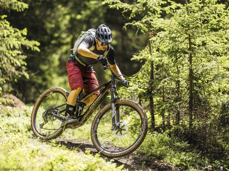 Mann fährt mit einem E-Mountainbike durch den Wald