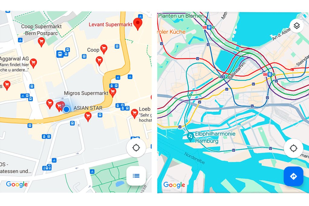 Vergleichsbild von zwei Karten-Ausschnitten von Google Maps. Links das alte, rechts das neue Design.