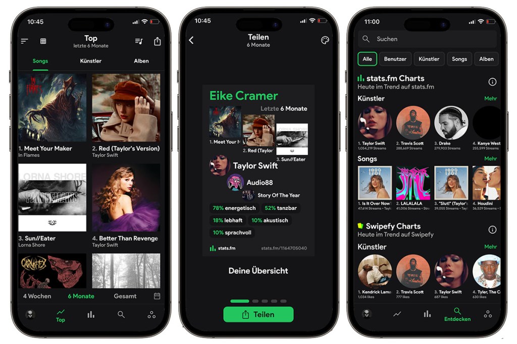 Drei Screenshots aus der App Stats.fm. 