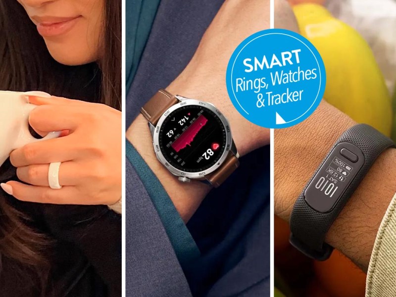 Smarter Ring, Watch und Tracker auf einem dreigeteiltem Bild.