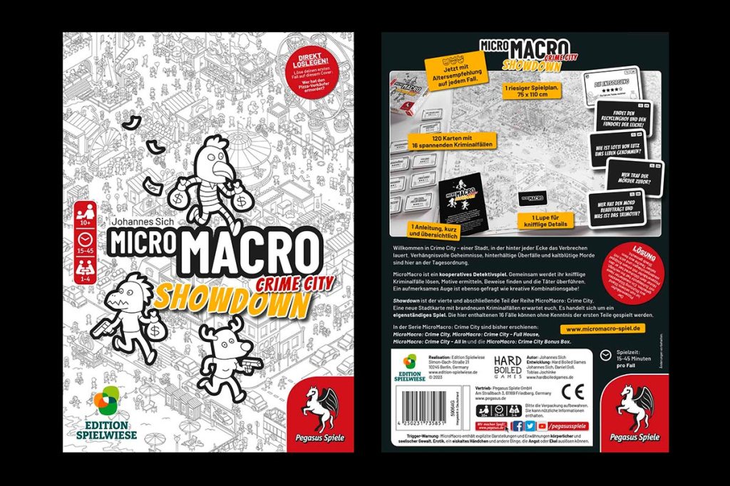 Das Gesellschaftsspiel MicroMacro: Crime City - Showdown, Vorder- und Rückseite der Packung.