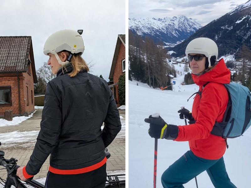 zweigeteiltes Bild: links Frau von hinten mit weißem Fahrradhelm, rechts Frau auf Skipiste mit weißem Helm