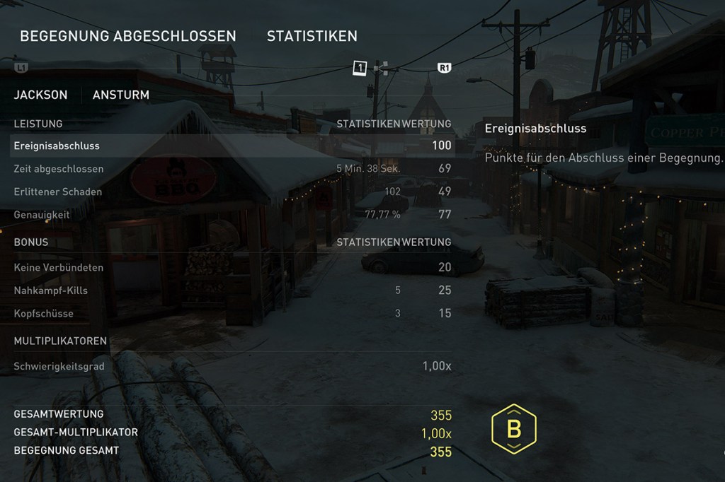 Ein Screenshot aus dem Videospiel The Last of Us Part 2 Remastered für PS5. Zu sehen ist ein Menü mit Spielstatistiken.