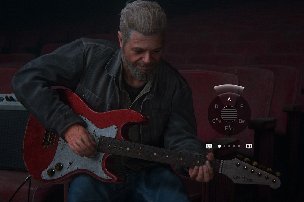 Ein Screenshot aus dem Videospiel The Last of Us Part 2 Remastered für PS5. Zu sehen ist ein grauhaariger Mann, der Gitarre spielt.