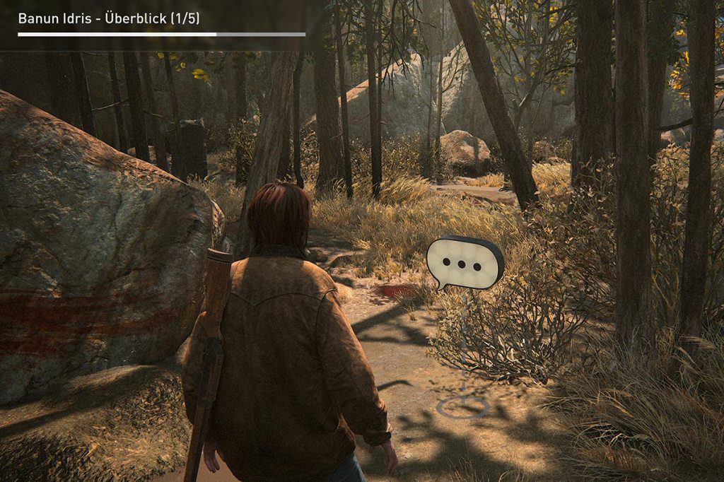 Ein Screenshot aus dem Videospiel The Last of Us Part 2 Remastered für PS5. Zu sehen ist eine Frau im Wald.