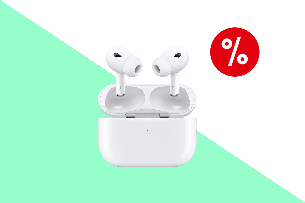 Weiße AirPods Pro 2 ragen aus weißem geöffnetem Ladecase heraus auf hellgrün weißem Hintergrund mit rotem Prozentzeichen oben rechts