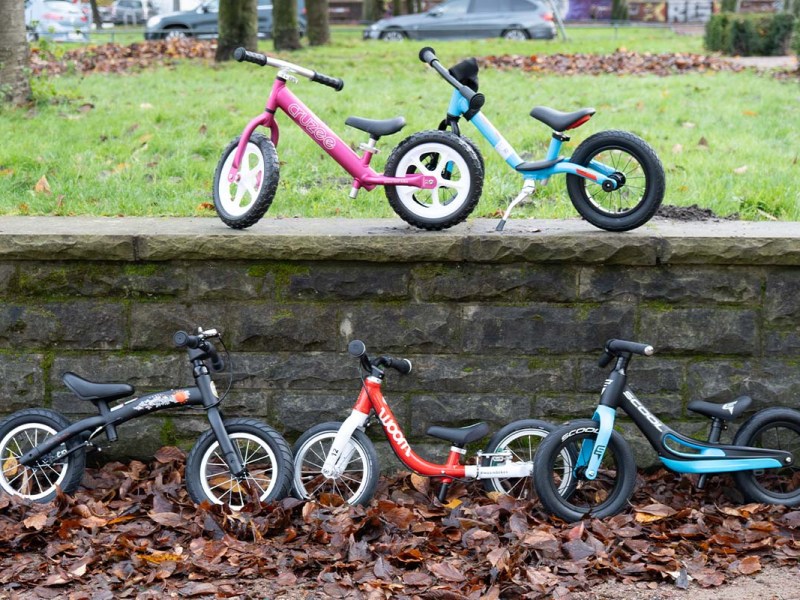 Fünf Laufräder zusammen vor bzw. auf einer Mauer im Park stehend