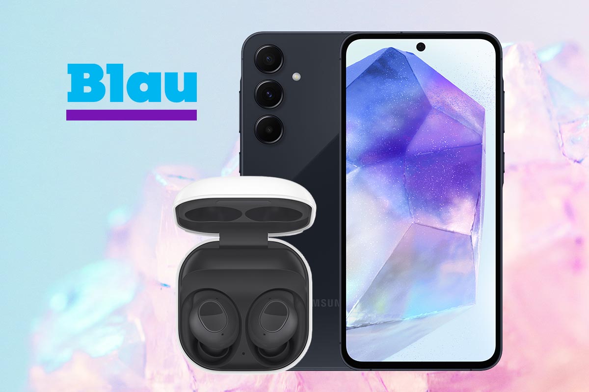 Samsung Galaxy A55 und Galaxy Buds FE vor buntem Hintergrund