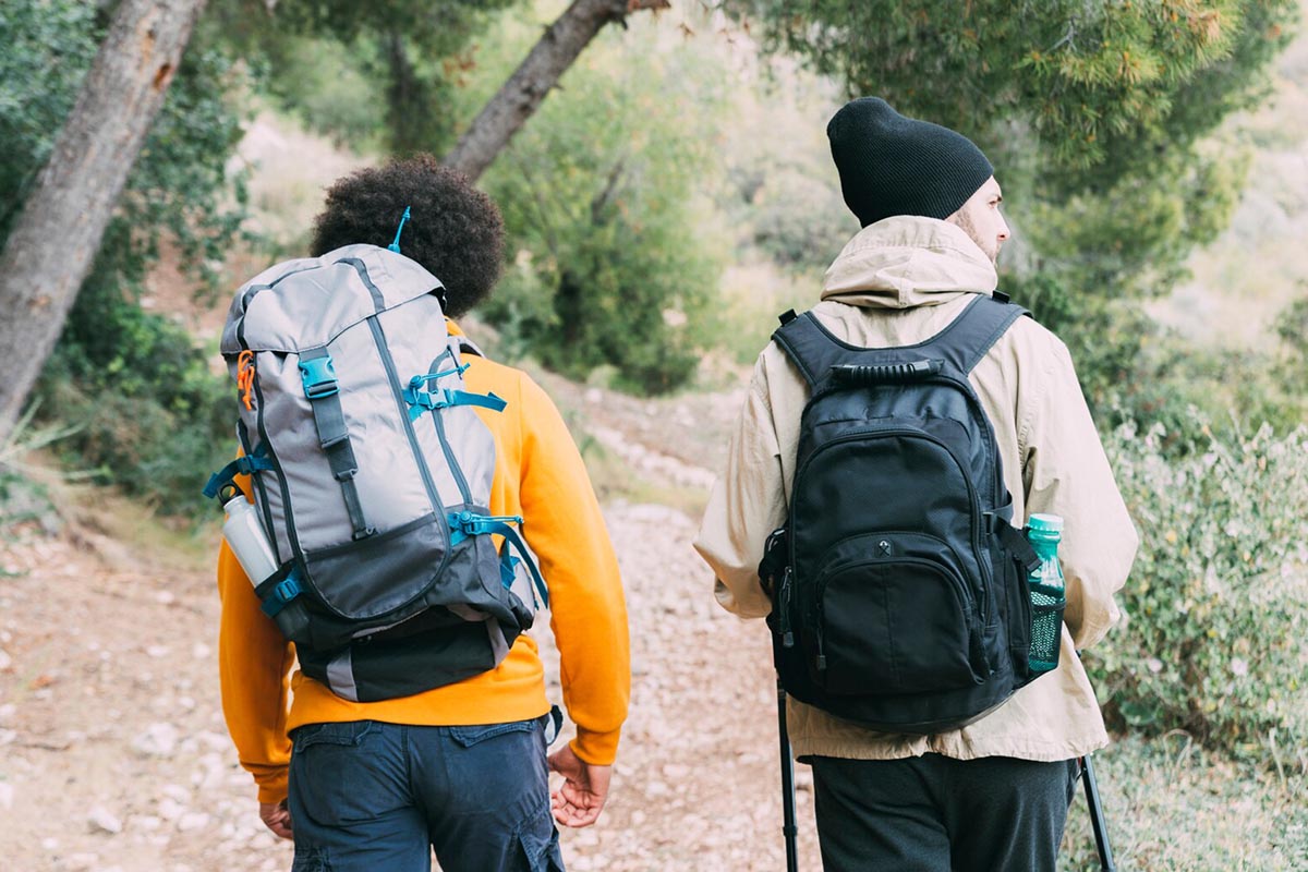 Zwei Personen mit Rucksack spazieren in einem Wald.