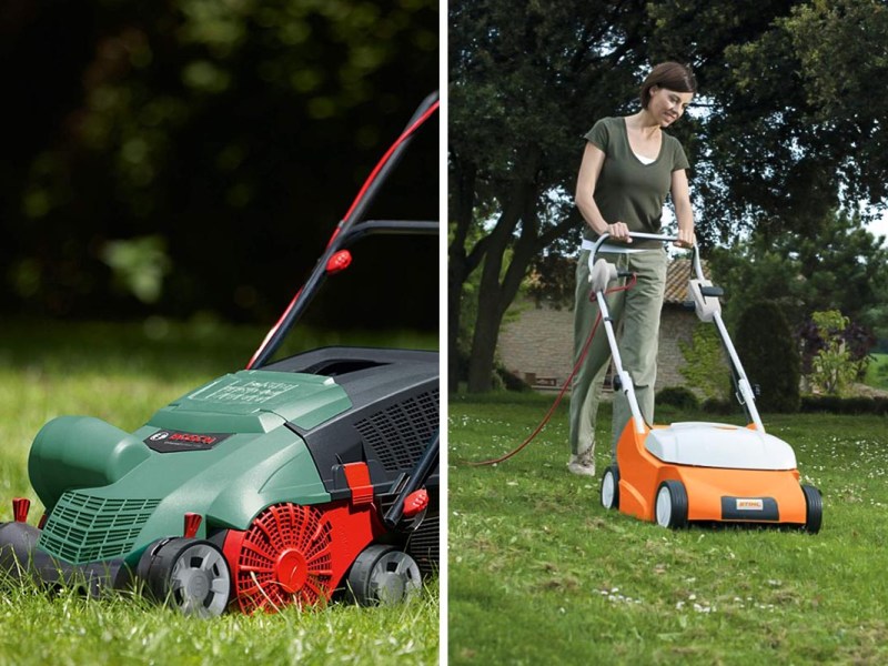 Rechts: Vertikutierer von Stihl auf grüner Wiese. Links: Ein grüner Vertikutierer in der Nahaufnahme.