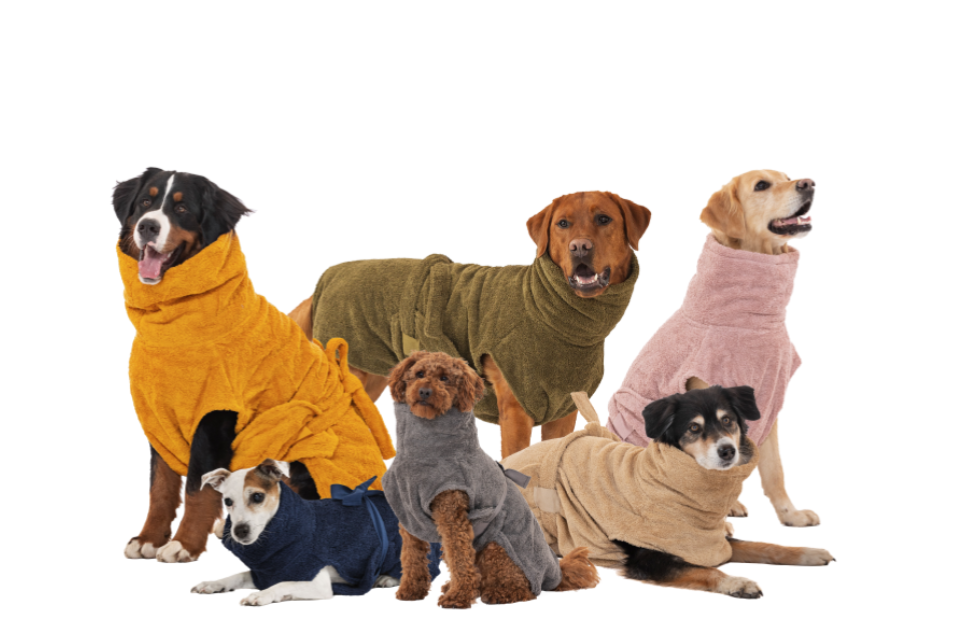 Sechs unterschiedliche Hunderassen in unterschiedlich bunten Hundebademäntel von Lillis.