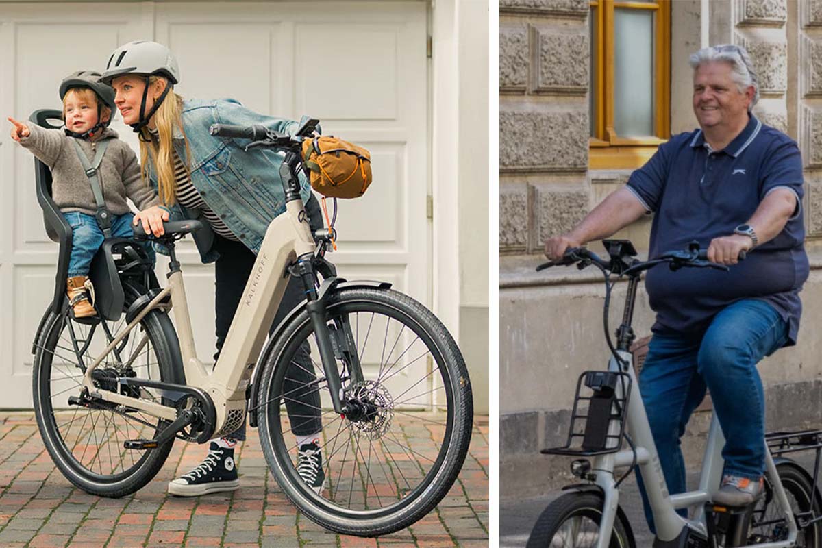 zweigeteiltes Bild: links Mutter steht neben ihrem Fahrrad, auf dem Rücksitz ein Kind, rechts mann auf einem Kompakt-E-Bike