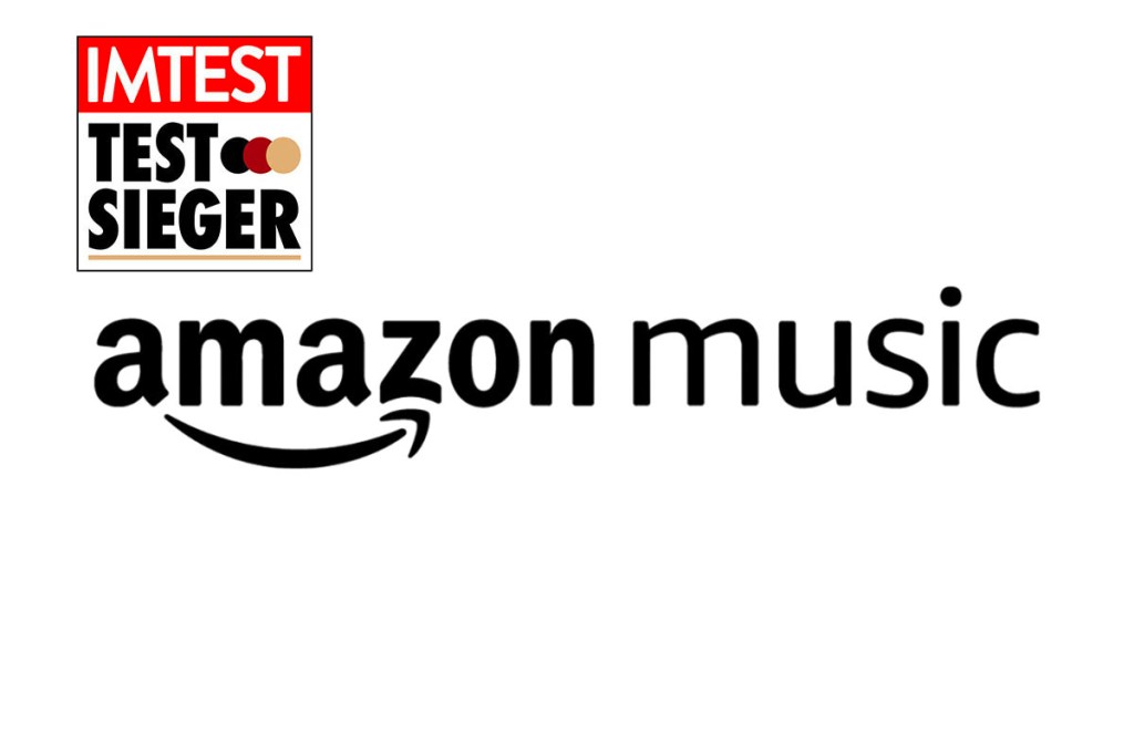 Logo Musik-Streamindienst Amazon Music mit Testsieger-Siegel von IMTEST