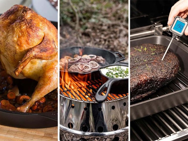 dreigeteiltes Bild: links Hähnchen auf einer Hähnchen-Grillhalterung, Mitte: zwei Töpfe auf einem Grill im Freien, rechts, Hand piekst ein Ofenthermometer in ein Fleischstück