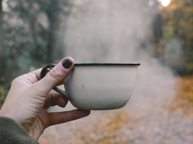 Frauenhand hält dampfende Kaffeetasse vor Waldstück in die Luft.