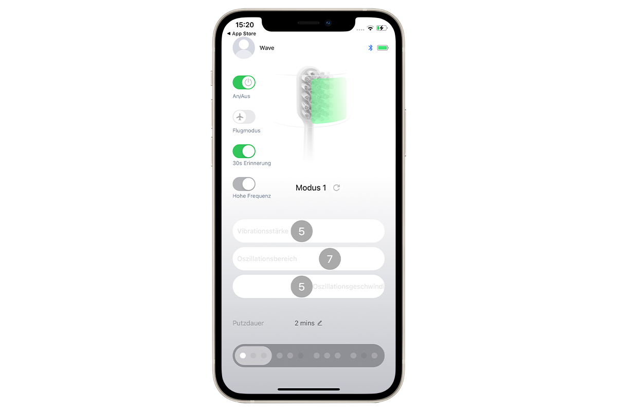 Ein Screenshot der Laifen-App mit verbundener Wave-Zahnbürste.