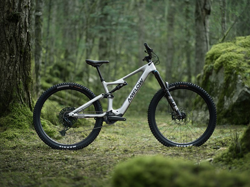 Weißes E-Mountainbike Amflow P vom Drohnenghersteller DJI steht in einem Wald.