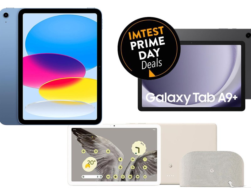 Drei Tablets vor weißem Hintergrund mit Prime Day Logo.