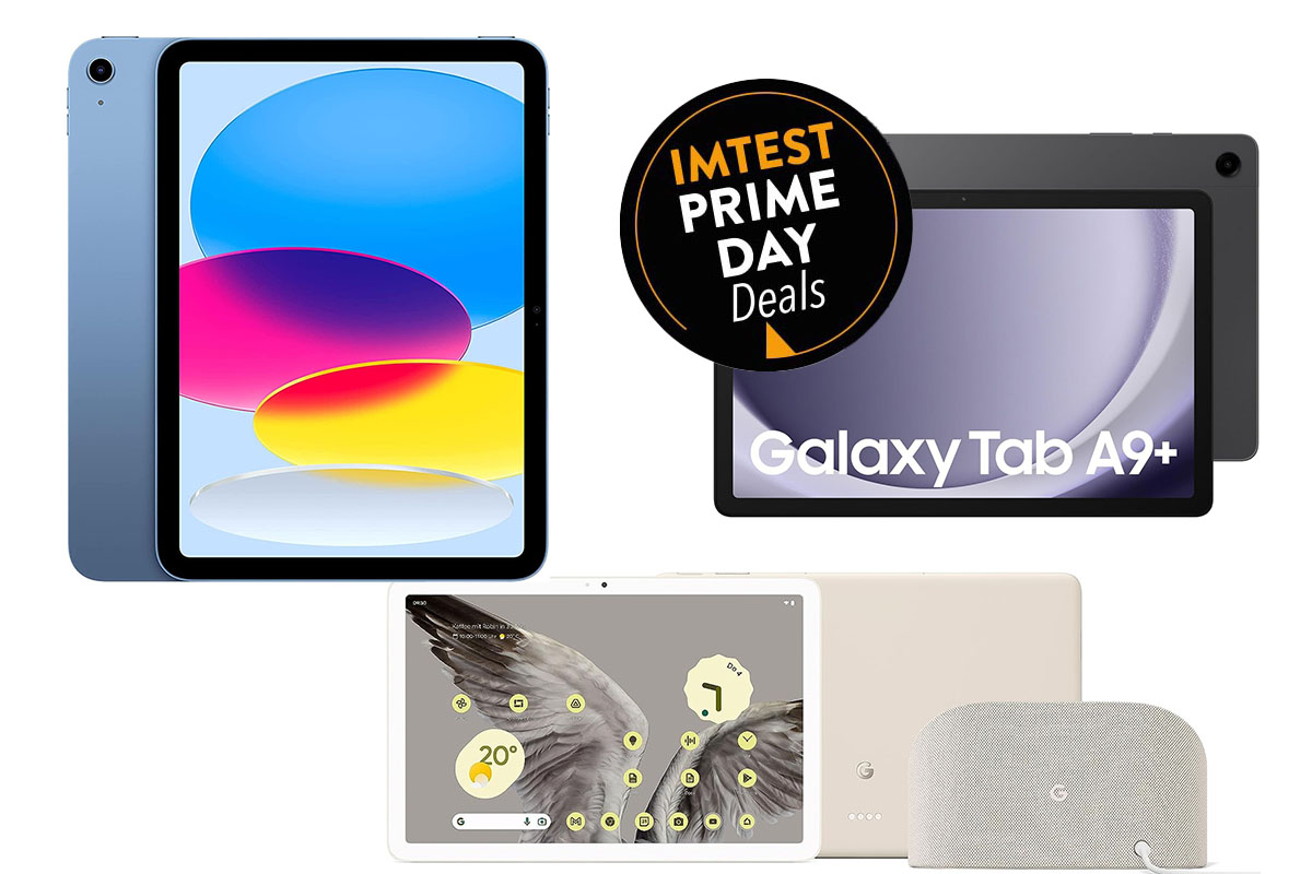 Drei Tablets vor weißem Hintergrund mit Prime Day Logo.