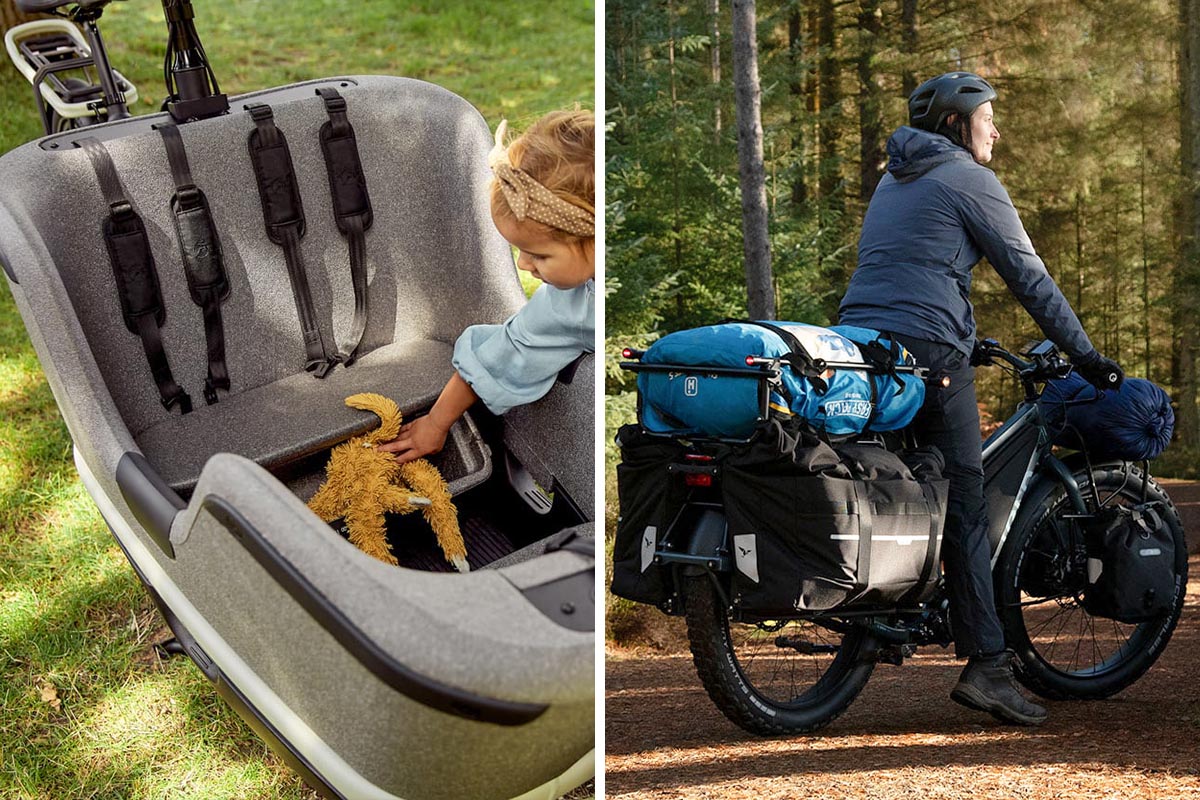 Ein Kind und eine erwachsene Person auf und an einem Cargobike auf einem zweigeteiltem Bild.