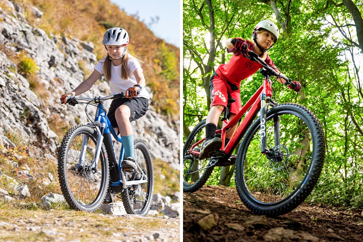 Zwei Kinder fahren in der Natur auf einem E-Bike auf einem zweigeteiltem Bild.