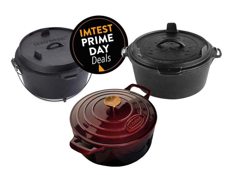 Drei Dutch Ovens auf weißem Hintergrund, dazu der Amazon Prime Button