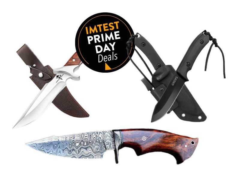 Drei Survivalmesser auf weißem Untergrund, dazu Amazon Prime Day Button