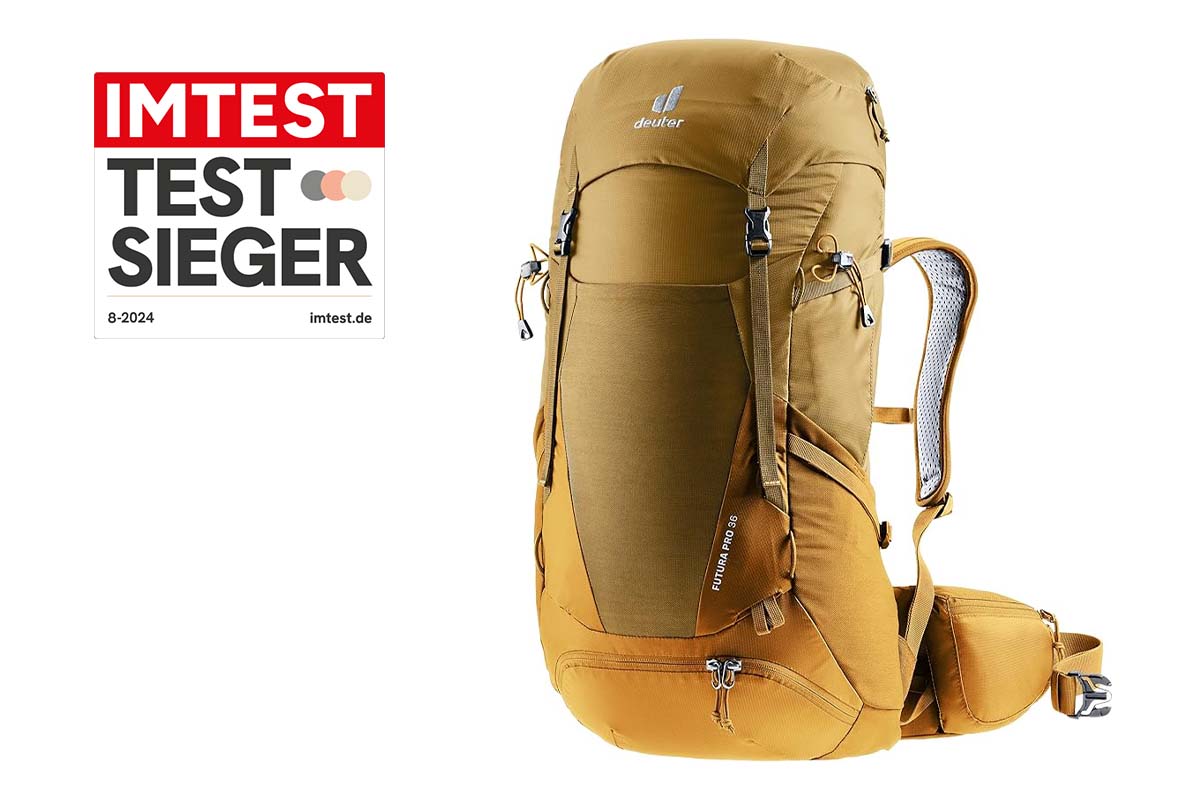 senfgelber Trekkingrucksack mit Testsieger-Grafik auf weißem Grund